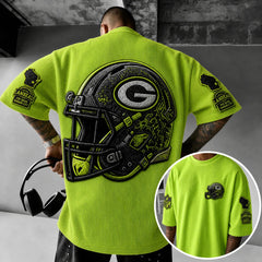 Unisex Loose-Fit Vertical-Stripe Short-Sleeve T-Shirt With Rugby Print