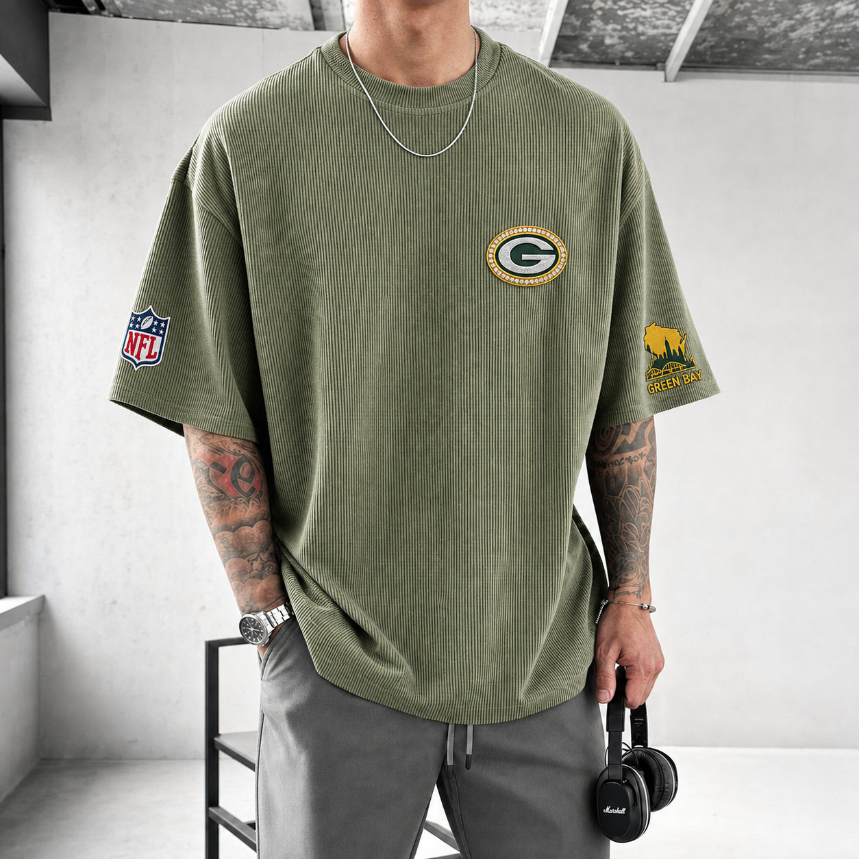 Unisex Loose-Fit Vertical-Stripe Short-Sleeve T-Shirt With Rugby Print