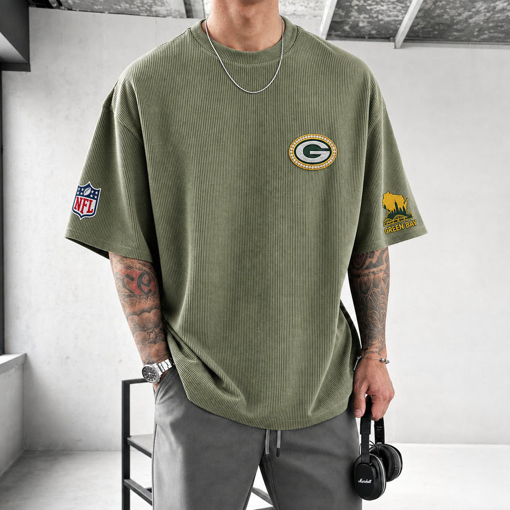 Unisex Loose-Fit Vertical-Stripe Short-Sleeve T-Shirt With Rugby Print