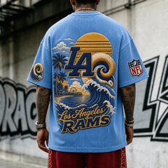 Unisex Loose-Fit Vertical-Stripe Short-Sleeve T-Shirt With Rugby Print