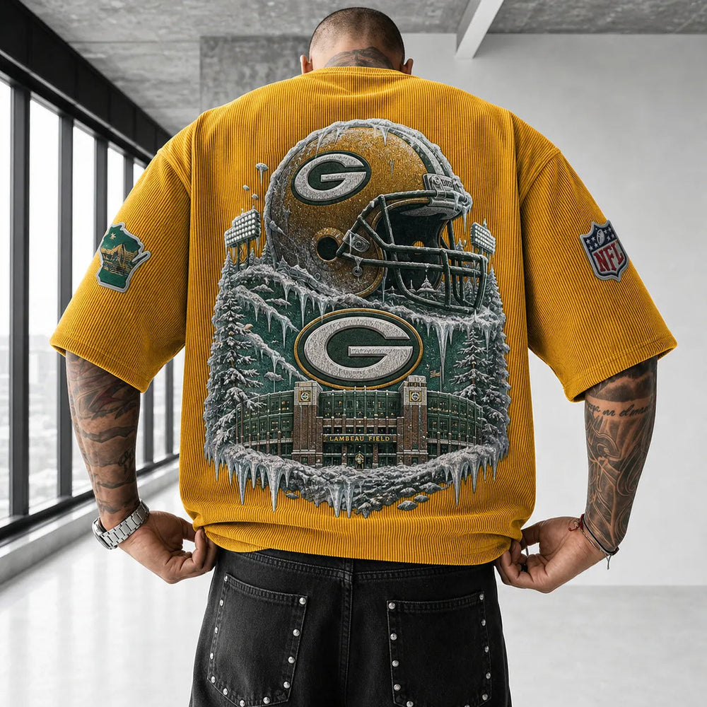 Unisex Loose-Fit Vertical-Stripe Short-Sleeve T-Shirt With Rugby Print
