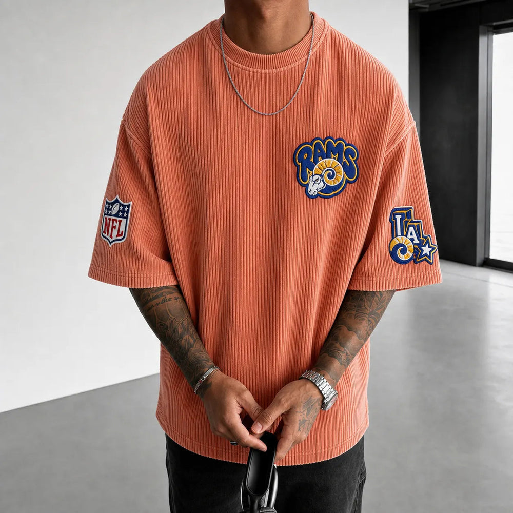 Unisex Loose-Fit Vertical-Stripe Short-Sleeve T-Shirt With Rugby Print
