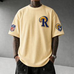 Unisex Loose-Fit Vertical-Stripe Short-Sleeve T-Shirt With Rugby Print