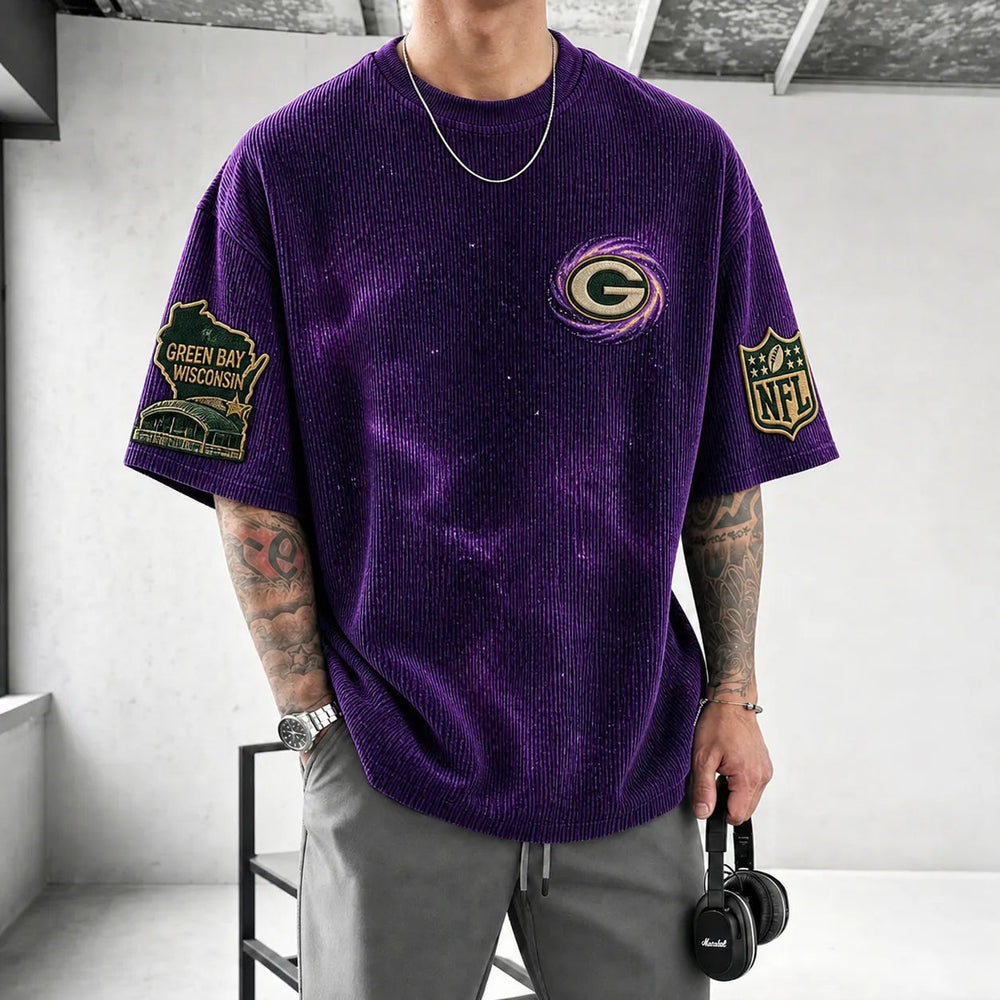 Unisex Loose-Fit Vertical-Stripe Short-Sleeve T-Shirt With Rugby Print