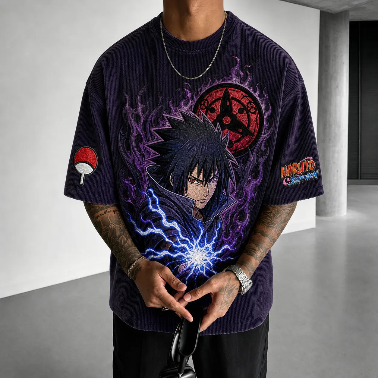 Unisex Oversized Anime-Print Vertical-Stripe Short-Sleeve T-Shirt