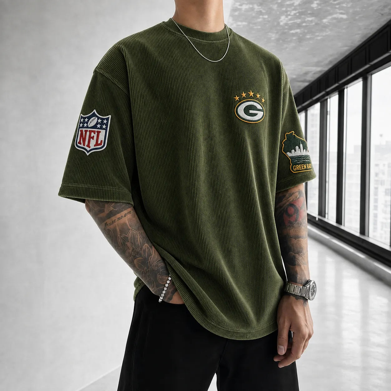 Unisex Loose-Fit Vertical-Stripe Short-Sleeve T-Shirt With Rugby Print