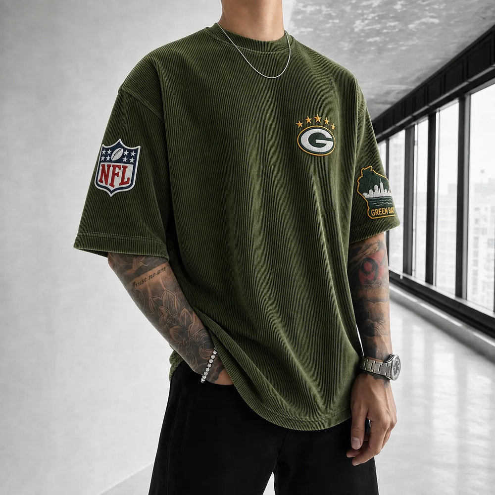 Unisex Loose-Fit Vertical-Stripe Short-Sleeve T-Shirt With Rugby Print