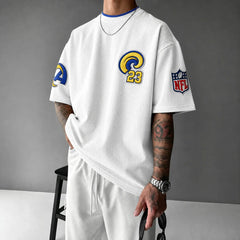 Unisex Loose-Fit Vertical-Stripe Short-Sleeve T-Shirt With Rugby Print