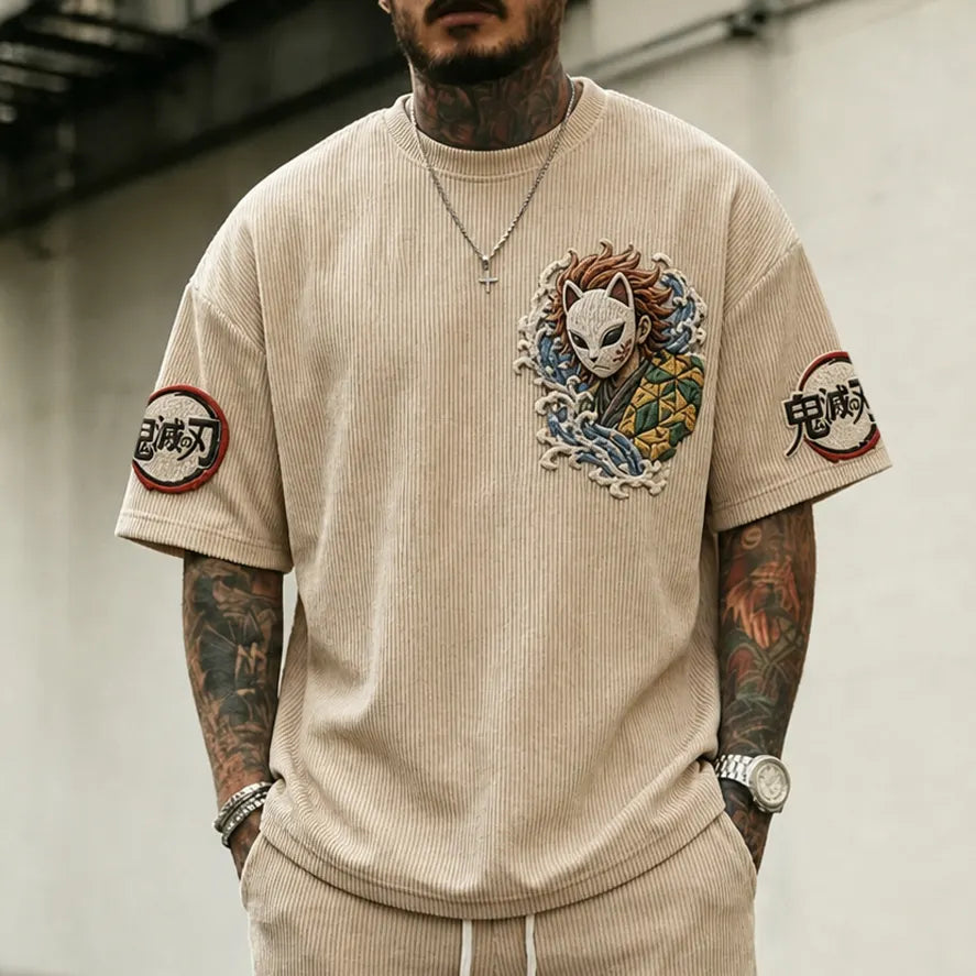 Unisex Oversized Anime-Print Vertical-Stripe Short-Sleeve T-Shirt
