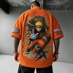 Unisex Oversized Anime-Print Vertical-Stripe Short-Sleeve T-Shirt