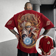 Unisex Oversized Anime-Print Vertical-Stripe Short-Sleeve T-Shirt