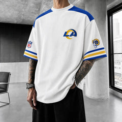 Unisex Loose-Fit Vertical-Stripe Short-Sleeve T-Shirt With Rugby Print