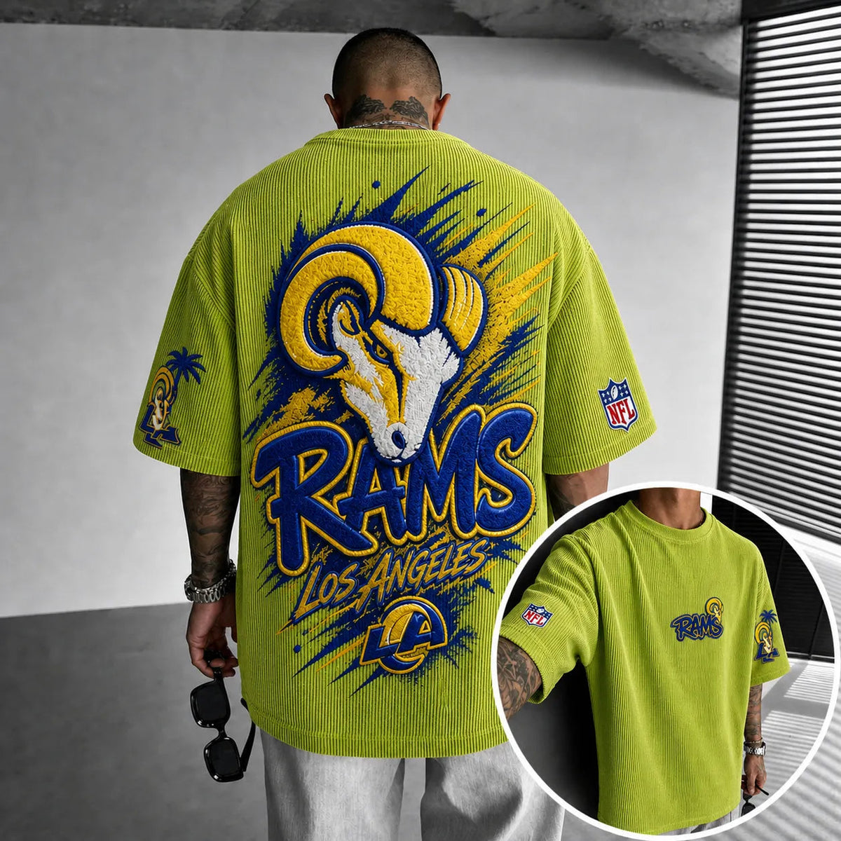 Unisex Loose-Fit Vertical-Stripe Short-Sleeve T-Shirt With Rugby Print