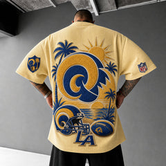 Unisex Loose-Fit Vertical-Stripe Short-Sleeve T-Shirt With Rugby Print