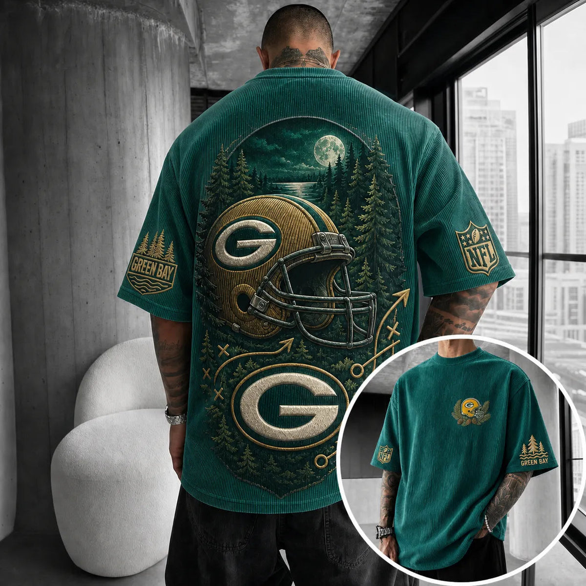 Unisex Loose-Fit Vertical-Stripe Short-Sleeve T-Shirt With Rugby Print