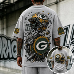 Unisex Loose-Fit Vertical-Stripe Short-Sleeve T-Shirt With Rugby Print