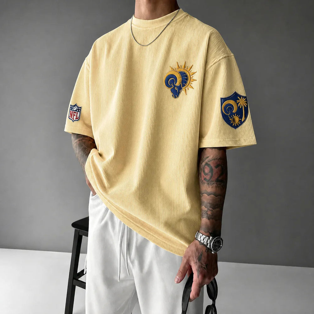 Unisex Loose-Fit Vertical-Stripe Short-Sleeve T-Shirt With Rugby Print