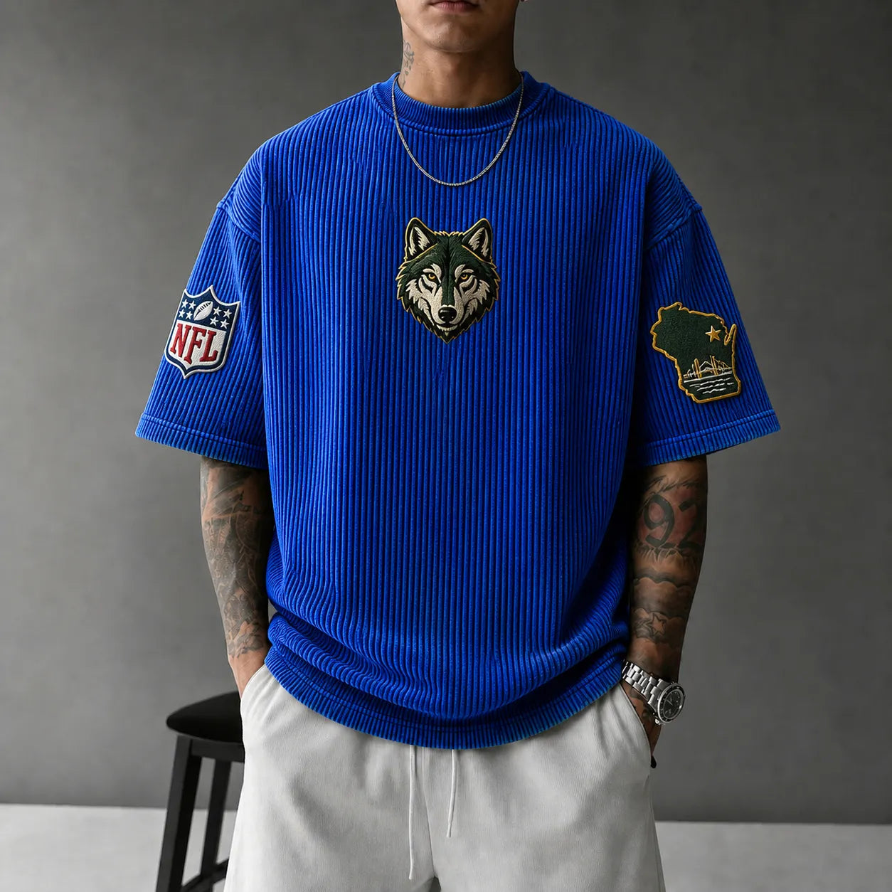 Unisex Loose-Fit Vertical-Stripe Short-Sleeve T-Shirt With Rugby Print