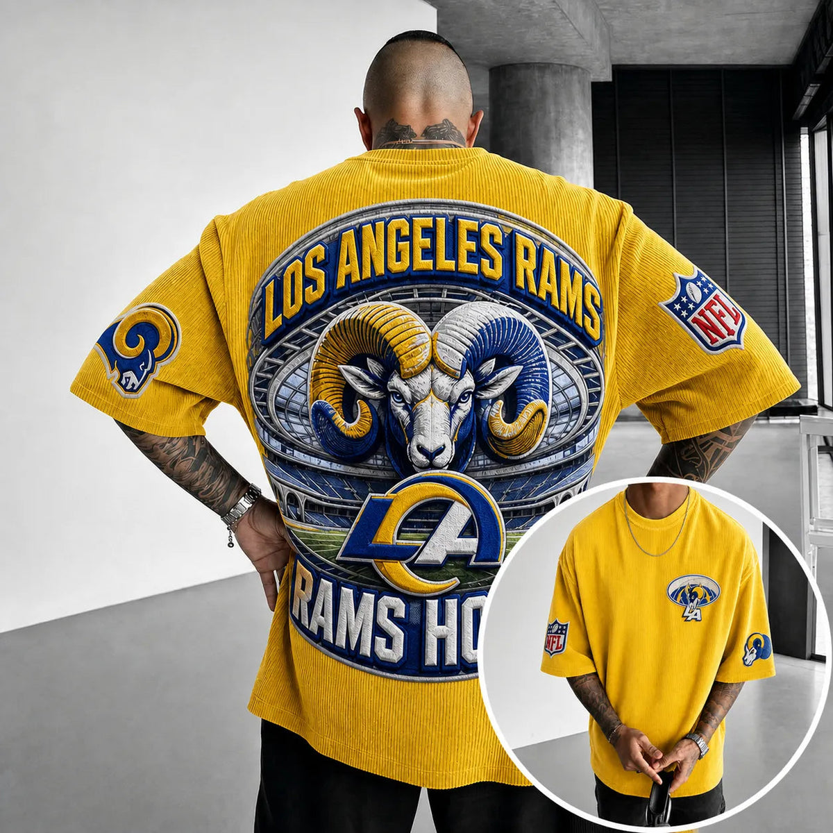 Unisex Loose-Fit Vertical-Stripe Short-Sleeve T-Shirt With Rugby Print