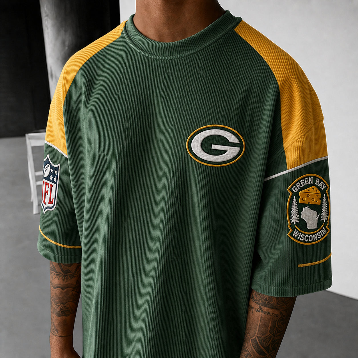 Unisex Loose-Fit Vertical-Stripe Short-Sleeve T-Shirt With Rugby Print