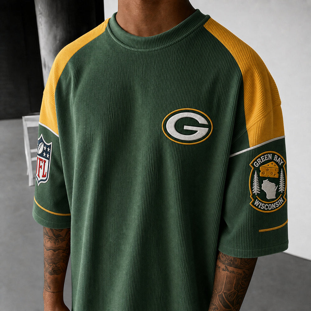 Unisex Loose-Fit Vertical-Stripe Short-Sleeve T-Shirt With Rugby Print