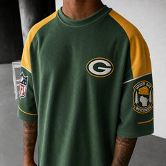 Unisex Loose-Fit Vertical-Stripe Short-Sleeve T-Shirt With Rugby Print