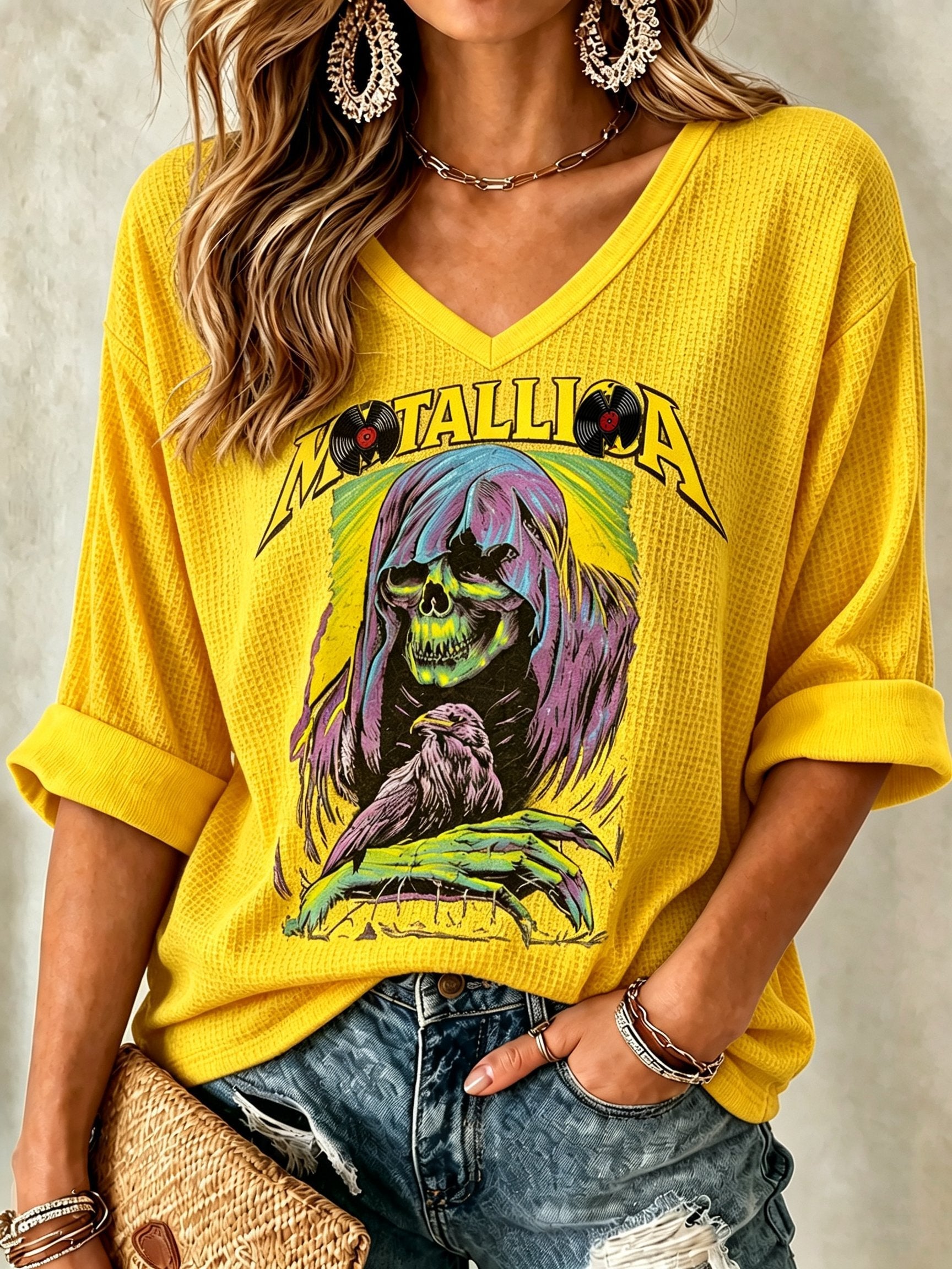 Women's Casual Printed Waffle Top