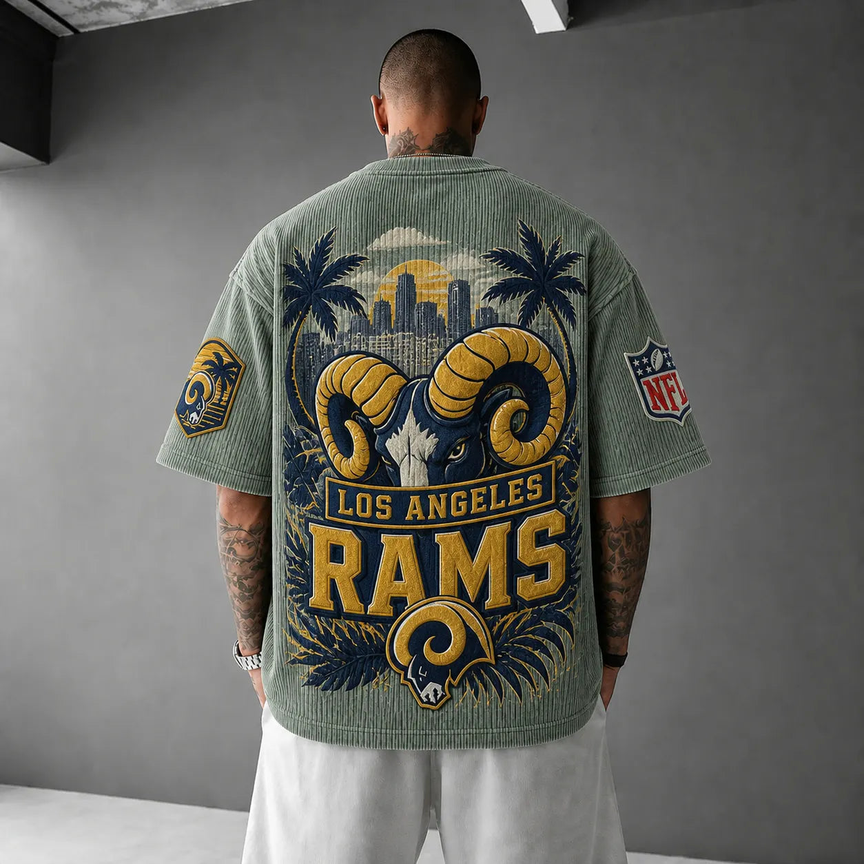 Unisex Loose-Fit Vertical-Stripe Short-Sleeve T-Shirt With Rugby Print
