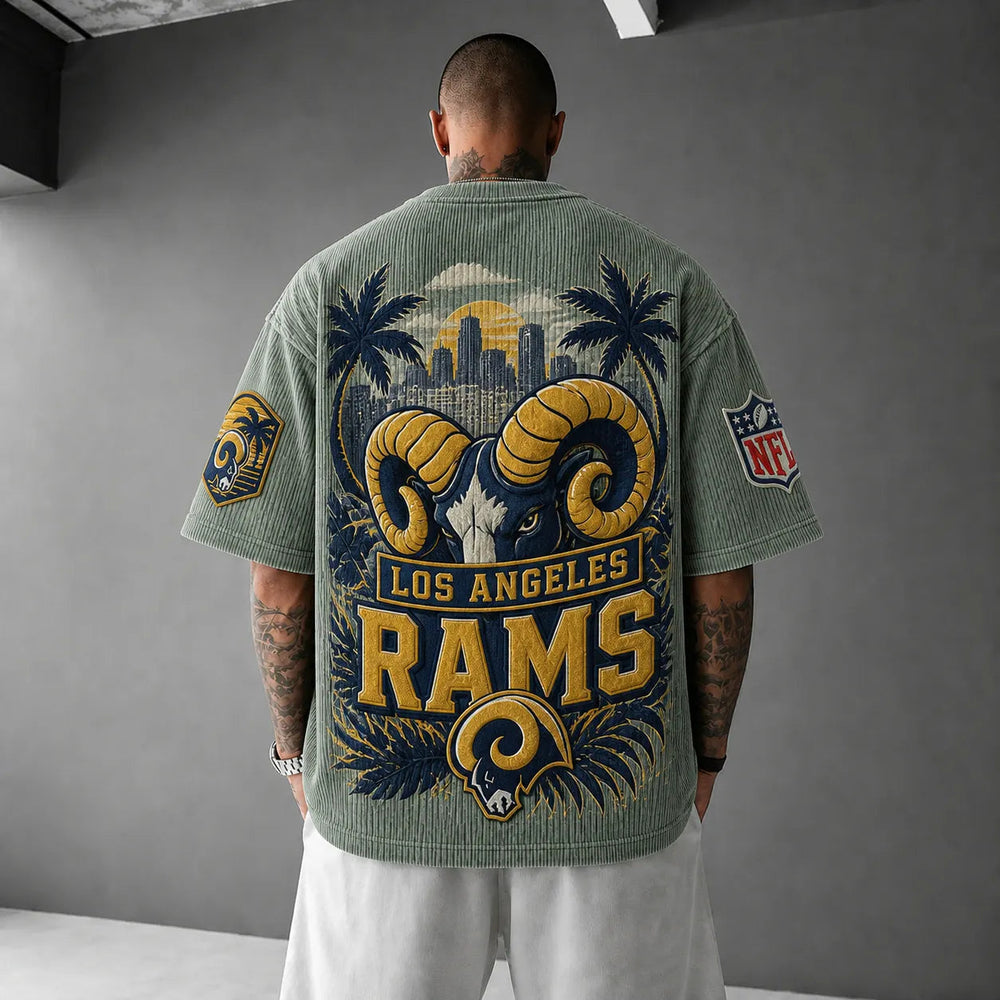 Unisex Loose-Fit Vertical-Stripe Short-Sleeve T-Shirt With Rugby Print