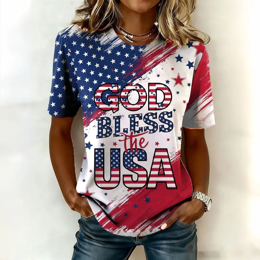 Women'S Retro American Independence Day Commemorative Printed Round Neck Short Sleeved T-Shirt