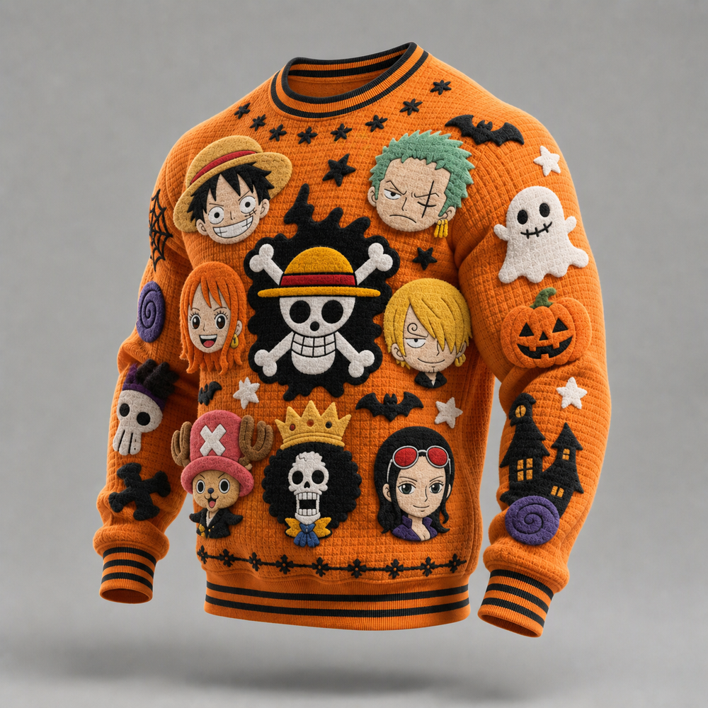 Men's Orange Character Patch Halloween Knit Sweater