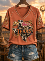 Women's She's From Texas I Can Tell Print Casual V-Neck Tee